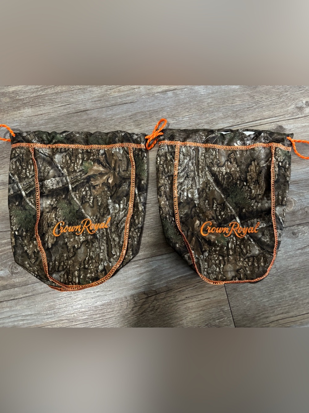 2 Crown Royal Camo Drawstring Pouches — Orange Trim